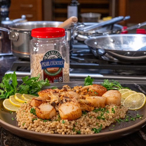 Pearl couscous with seared scallops and wild mushrooms recipe