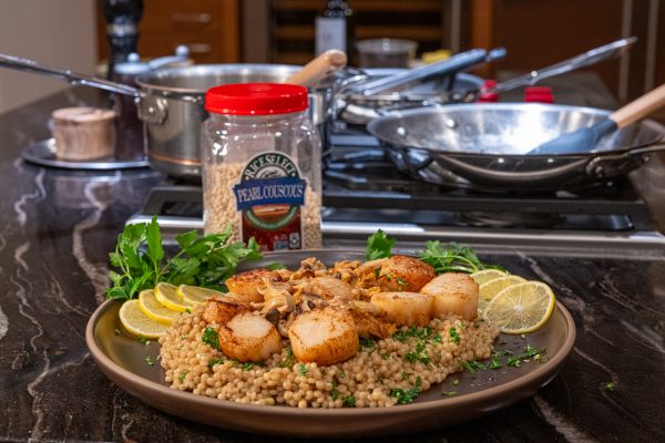 Pearl couscous with seared scallops and wild mushrooms recipe